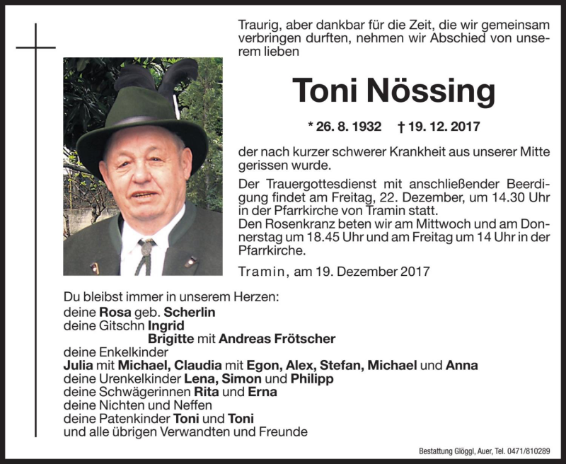  Traueranzeige für Toni Nössing vom 20.12.2017 aus Dolomiten
