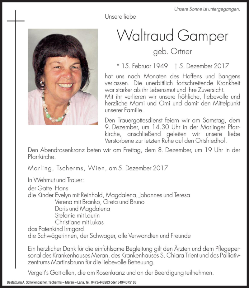  Traueranzeige für Waltraud Gamper vom 07.12.2017 aus Dolomiten