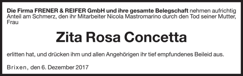  Traueranzeige für Zita Rosa Concetta vom 09.12.2017 aus Dolomiten