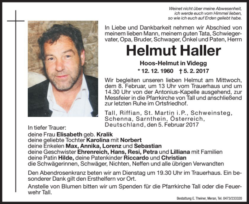  Traueranzeige für Helmut Haller vom 07.02.2017 aus Dolomiten