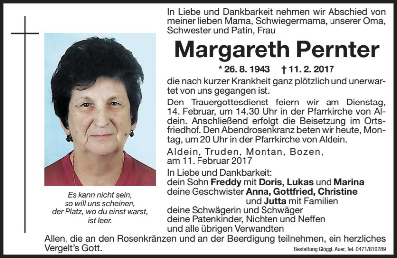 Traueranzeige für Margareth Pernter vom 13.02.2017 aus Dolomiten