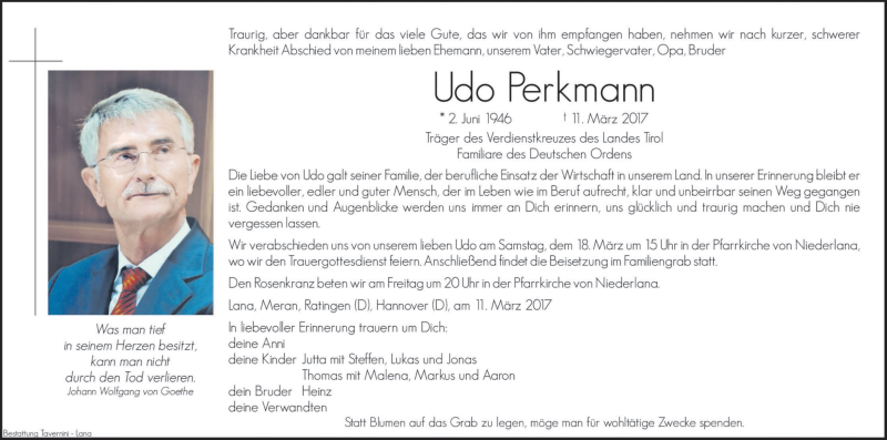  Traueranzeige für Udo Perkmann vom 15.03.2017 aus Dolomiten
