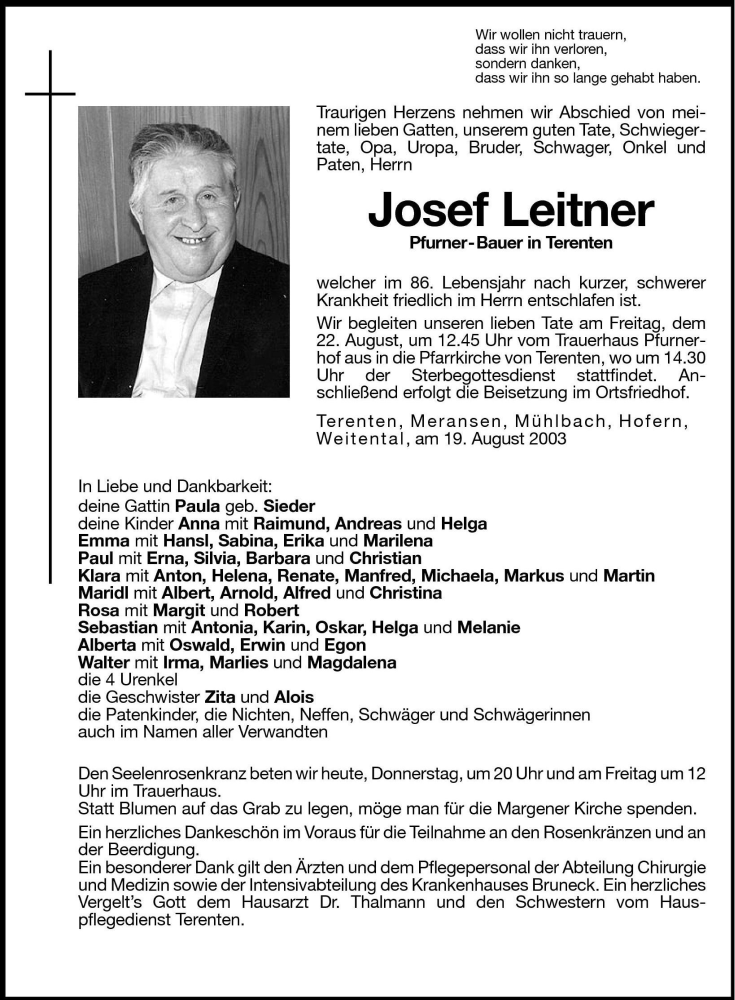  Traueranzeige für Josef Leitner vom 21.08.2003 aus Dolomiten