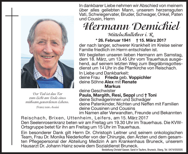  Traueranzeige für Hermann Demichiel vom 17.03.2017 aus Dolomiten