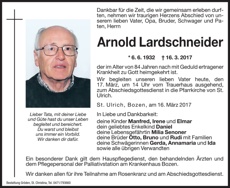  Traueranzeige für Arnold Lardschneider vom 17.03.2017 aus Dolomiten