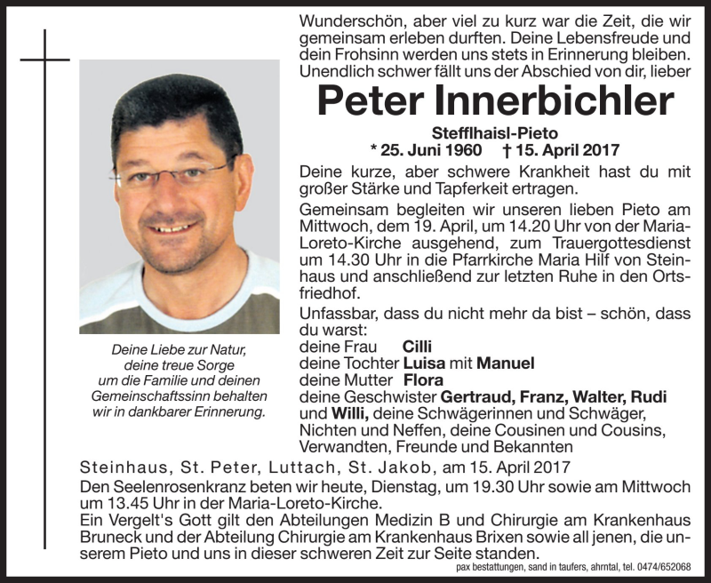  Traueranzeige für Peter Innerbichler vom 18.04.2017 aus Dolomiten
