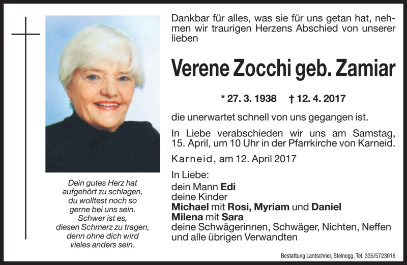  Traueranzeige für Verene Zocchi vom 13.04.2017 aus Dolomiten