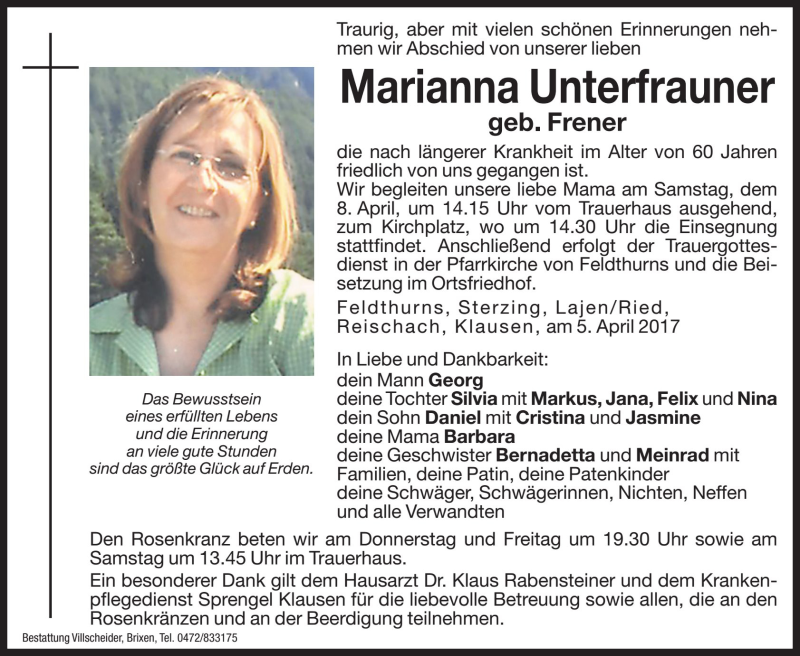  Traueranzeige für Marianna Unterfrauner vom 06.04.2017 aus Dolomiten