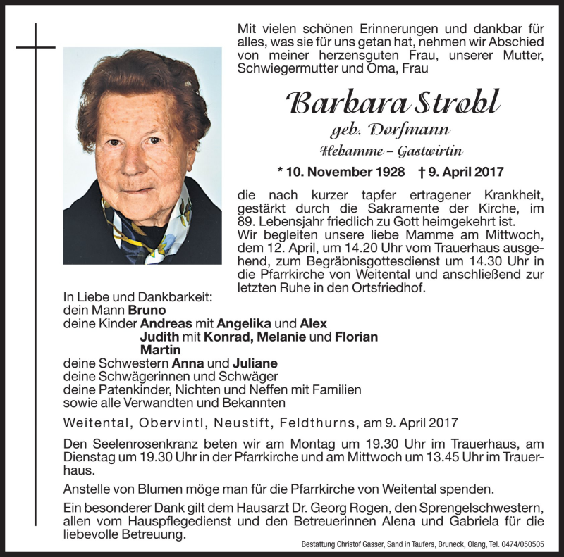  Traueranzeige für Barbara Strobl vom 10.04.2017 aus Dolomiten