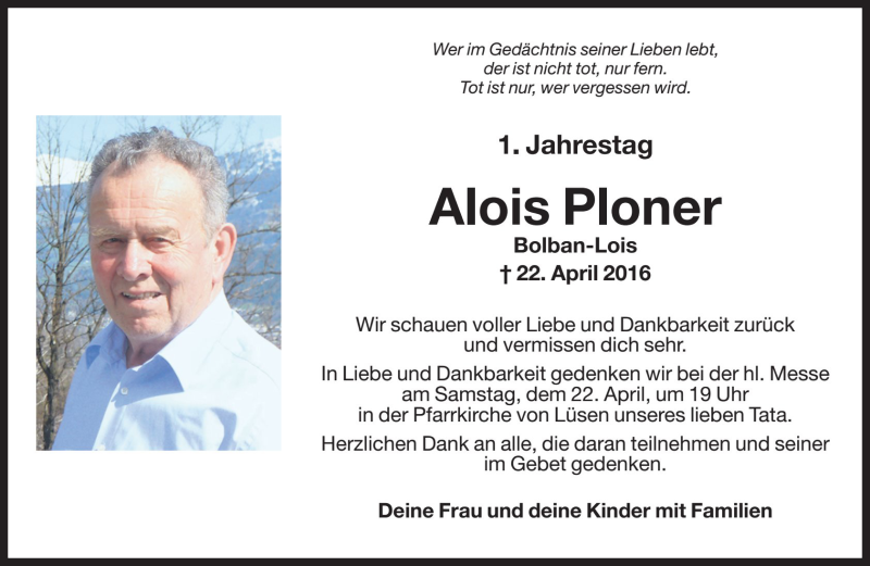  Traueranzeige für Alois Ploner vom 21.04.2017 aus Dolomiten