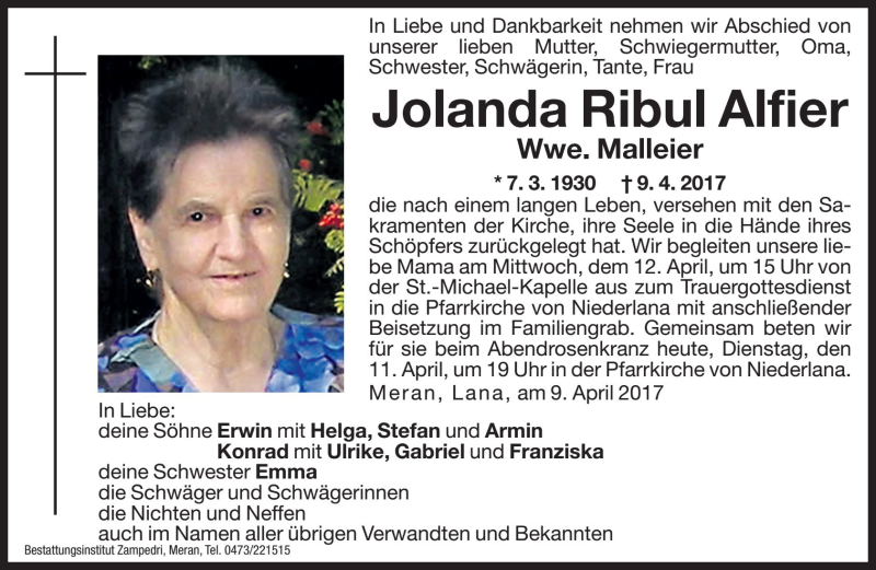  Traueranzeige für Jolanda  Malleier vom 11.04.2017 aus Dolomiten