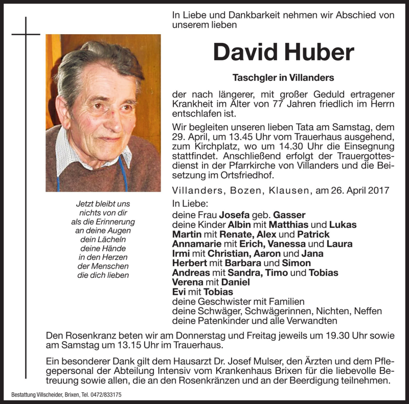  Traueranzeige für David Huber vom 27.04.2017 aus Dolomiten