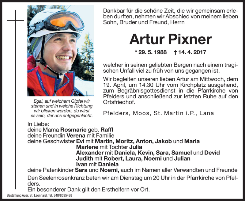  Traueranzeige für Artur Pixner vom 18.04.2017 aus Dolomiten