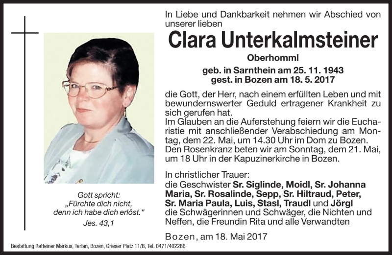  Traueranzeige für Clara Unterkalmsteiner vom 20.05.2017 aus Dolomiten