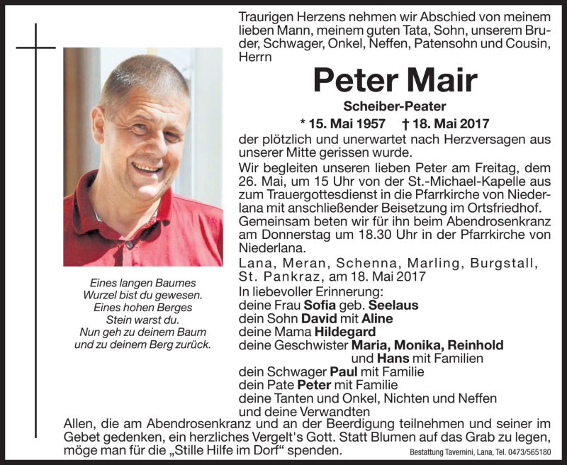  Traueranzeige für Peter Mair vom 25.05.2017 aus Dolomiten