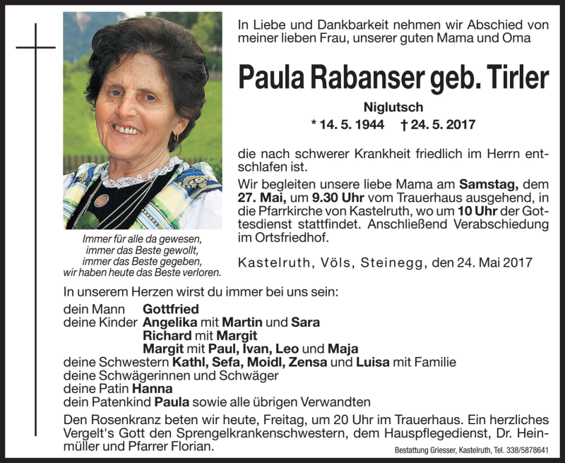  Traueranzeige für Paula Rabanser vom 26.05.2017 aus Dolomiten