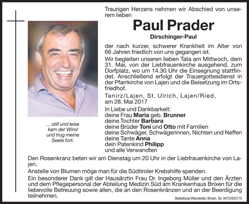  Traueranzeige für Paul Prader vom 30.05.2017 aus Dolomiten