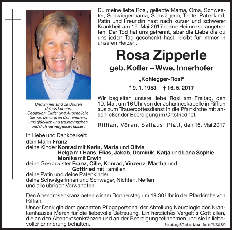  Traueranzeige für Rosa Zipperle vom 18.05.2017 aus Dolomiten