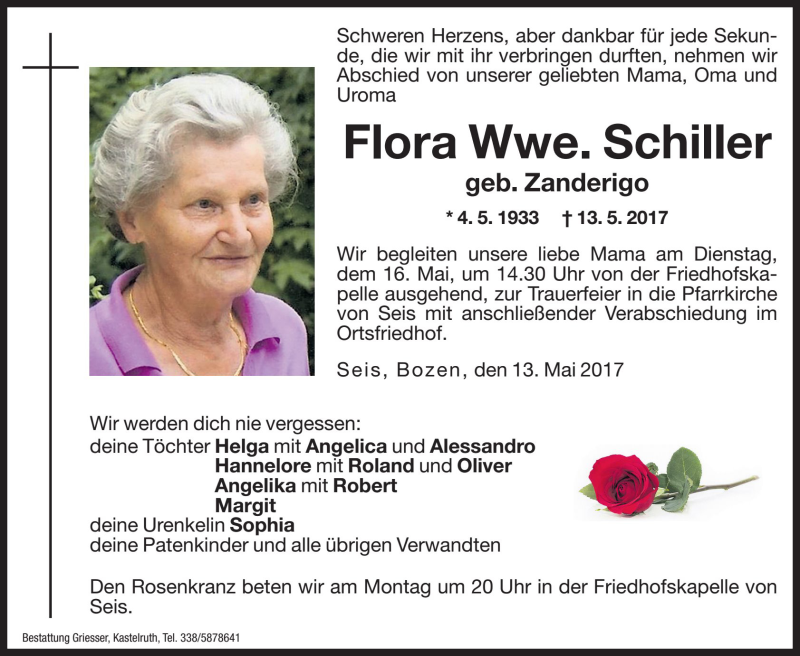  Traueranzeige für Flora Schiller vom 15.05.2017 aus Dolomiten
