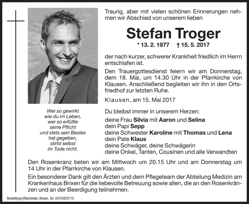  Traueranzeige für Stefan Troger vom 17.05.2017 aus Dolomiten