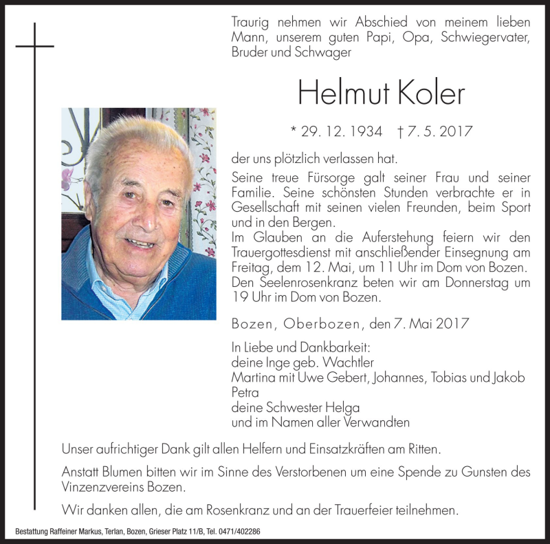  Traueranzeige für Helmut Koler vom 10.05.2017 aus Dolomiten