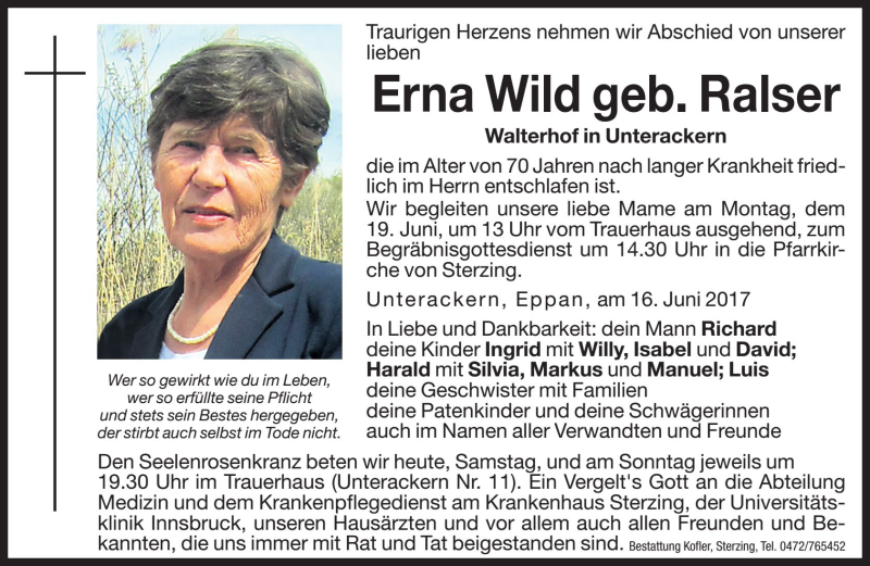  Traueranzeige für Erna Wild vom 17.06.2017 aus Dolomiten