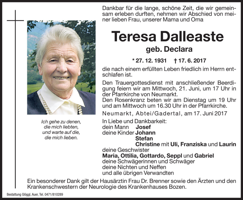  Traueranzeige für Teresa Dalleaste vom 19.06.2017 aus Dolomiten