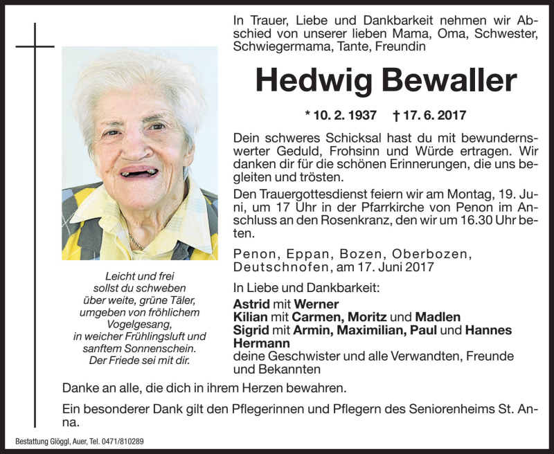  Traueranzeige für Hedwig Bewaller vom 19.06.2017 aus Dolomiten