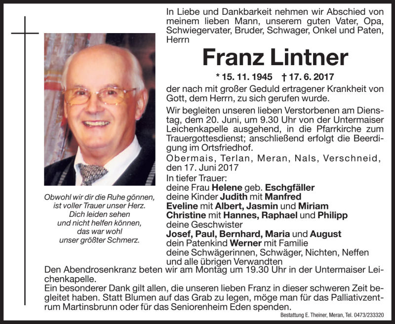  Traueranzeige für Franz Lintner vom 19.06.2017 aus Dolomiten