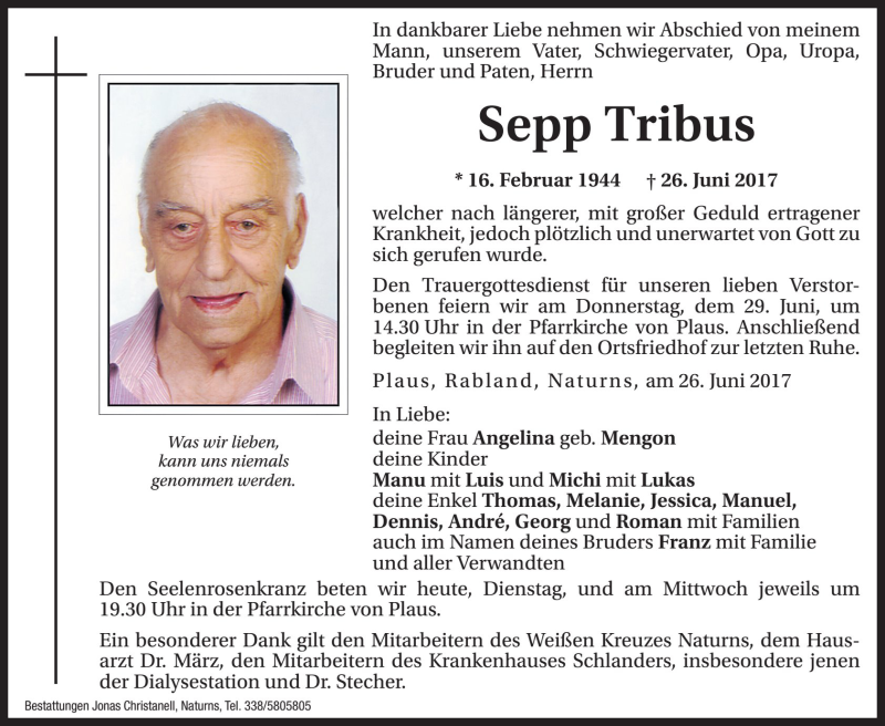  Traueranzeige für Sepp Tribus vom 27.06.2017 aus Dolomiten