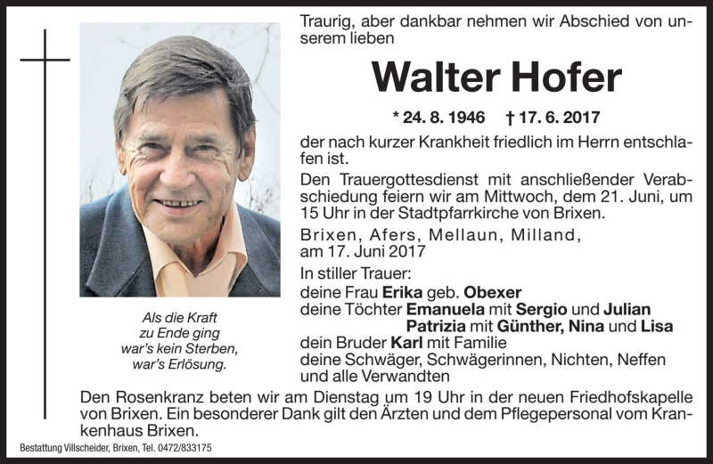  Traueranzeige für Walter Hofer vom 19.06.2017 aus Dolomiten