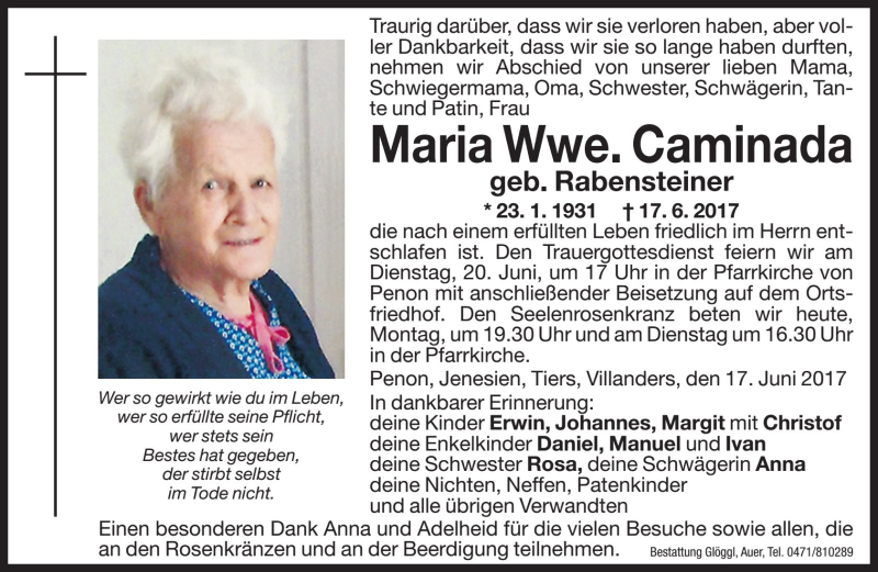  Traueranzeige für Maria Caminada vom 19.06.2017 aus Dolomiten