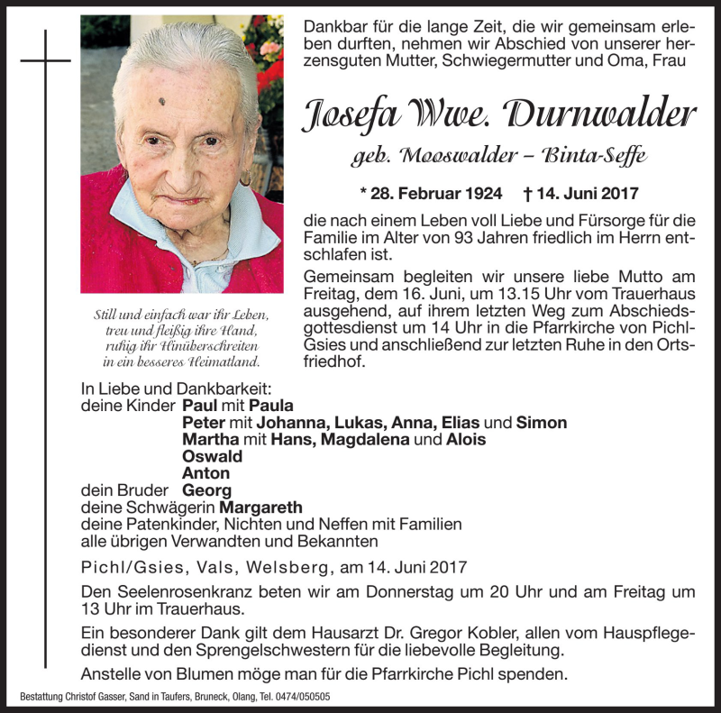  Traueranzeige für Josefa Durnwalder vom 15.06.2017 aus Dolomiten