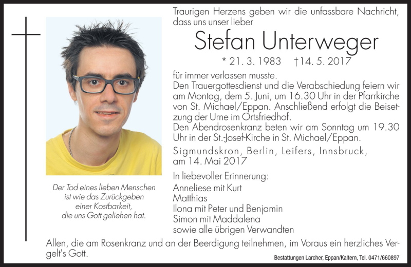  Traueranzeige für Stefan Unterweger vom 01.06.2017 aus Dolomiten