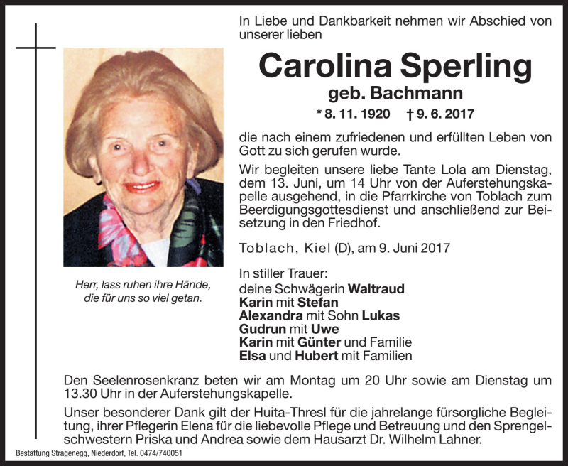  Traueranzeige für Carolina Sperling vom 12.06.2017 aus Dolomiten