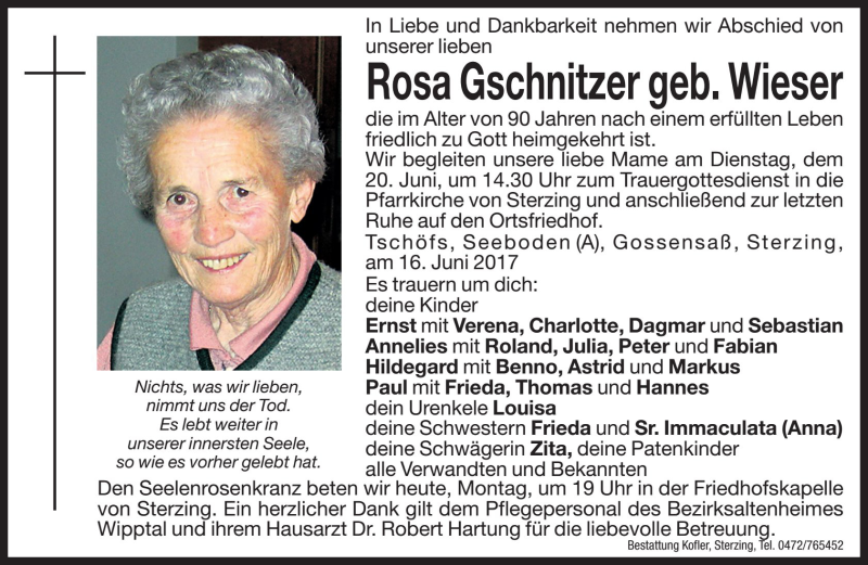  Traueranzeige für Rosa Gschnitzer vom 19.06.2017 aus Dolomiten