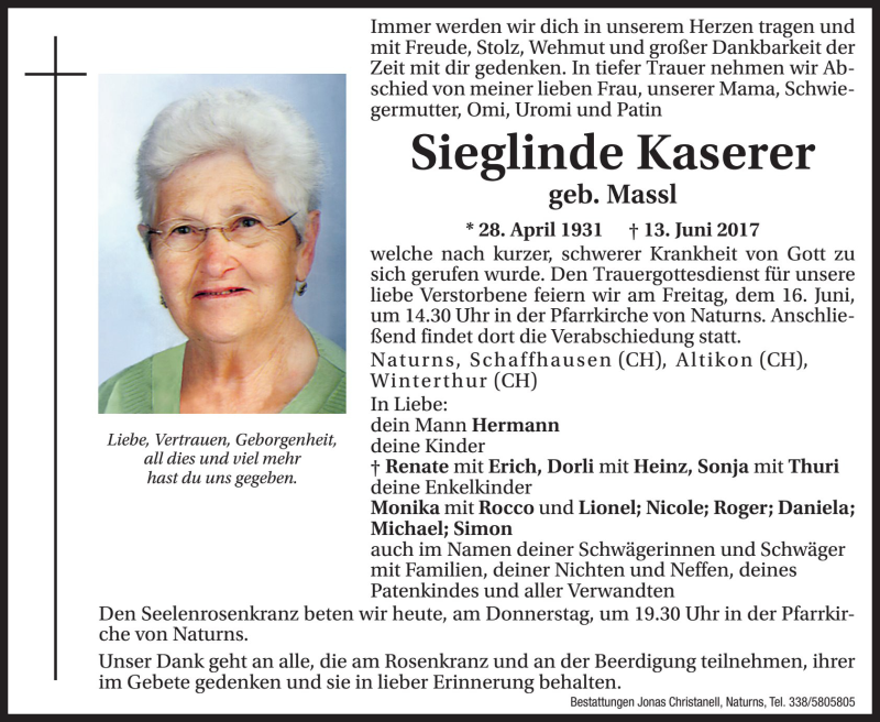  Traueranzeige für Sieglinde Kaserer vom 15.06.2017 aus Dolomiten