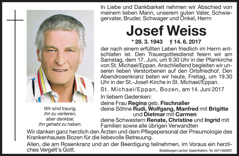  Traueranzeige für Josef Weiss vom 16.06.2017 aus Dolomiten