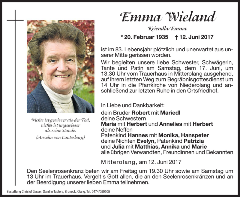 Traueranzeige für Emma Wieland  vom 16.06.2017 aus Dolomiten