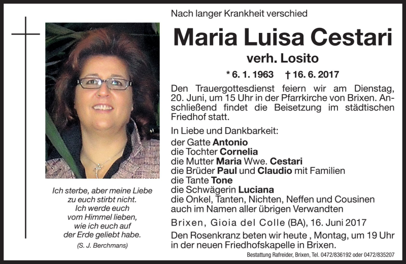  Traueranzeige für Maria Luisa Losito vom 19.06.2017 aus Dolomiten