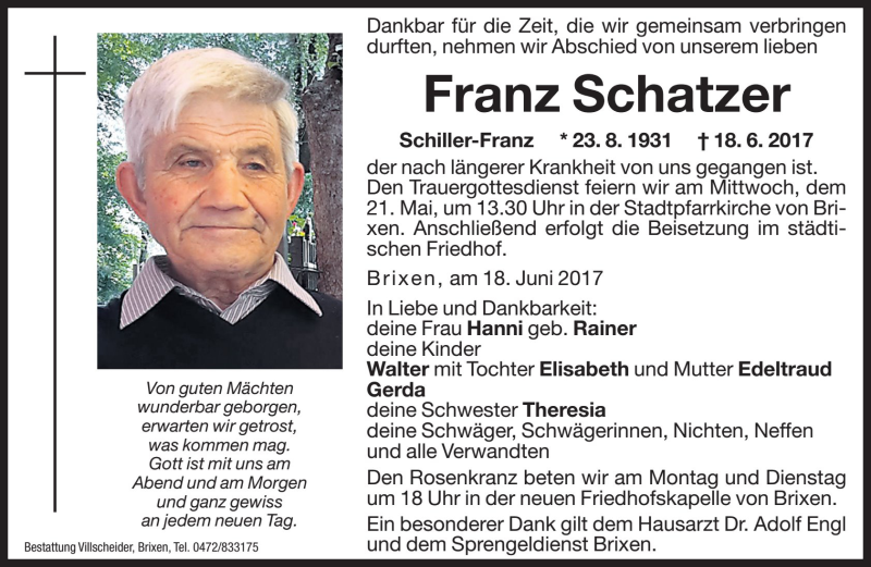  Traueranzeige für Franz Schatzer vom 19.06.2017 aus Dolomiten