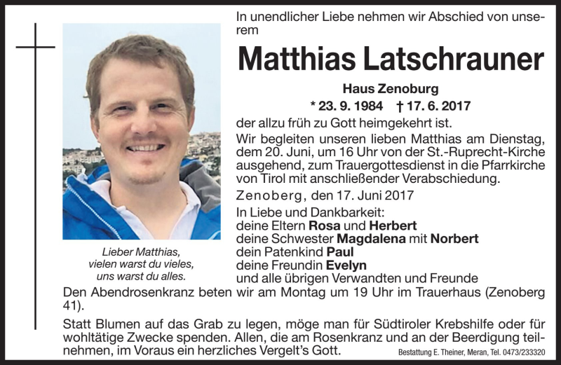  Traueranzeige für Matthias Latschrauner vom 19.06.2017 aus Dolomiten