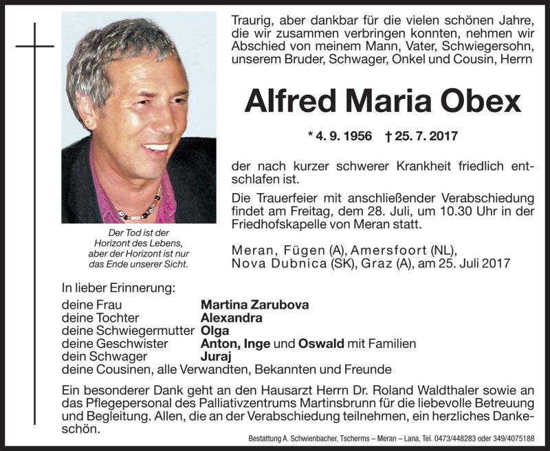  Traueranzeige für Alfred Maria Obex vom 27.07.2017 aus Dolomiten