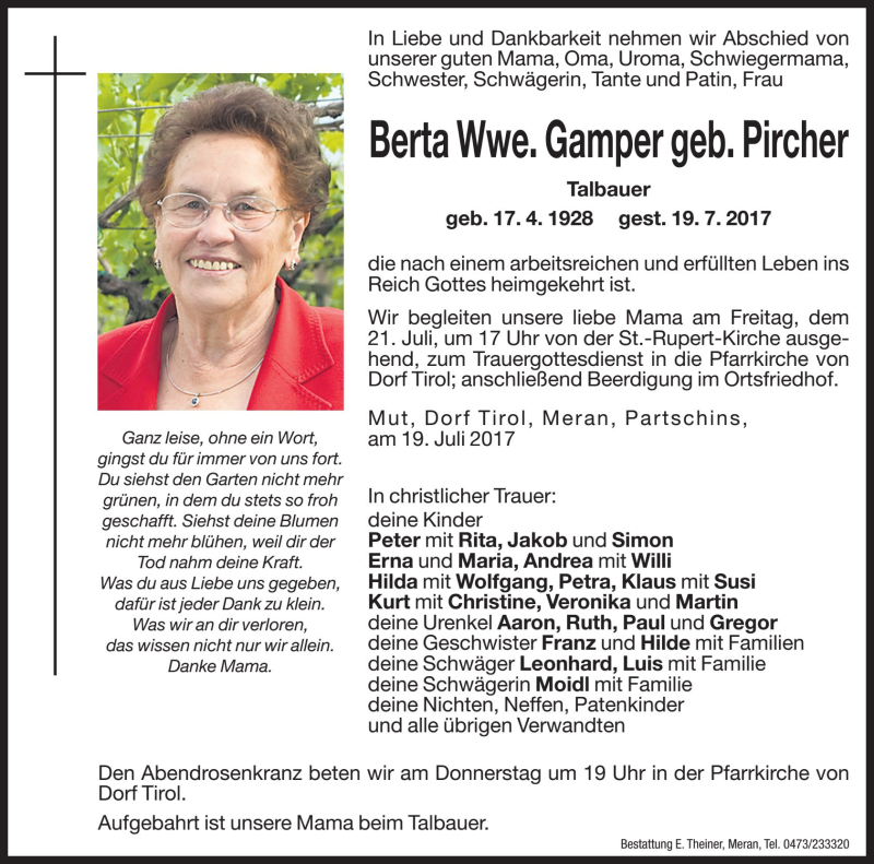  Traueranzeige für Berta Gamper vom 20.07.2017 aus Dolomiten