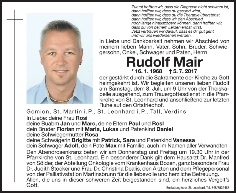  Traueranzeige für Mair Rudolf vom 06.07.2017 aus Dolomiten