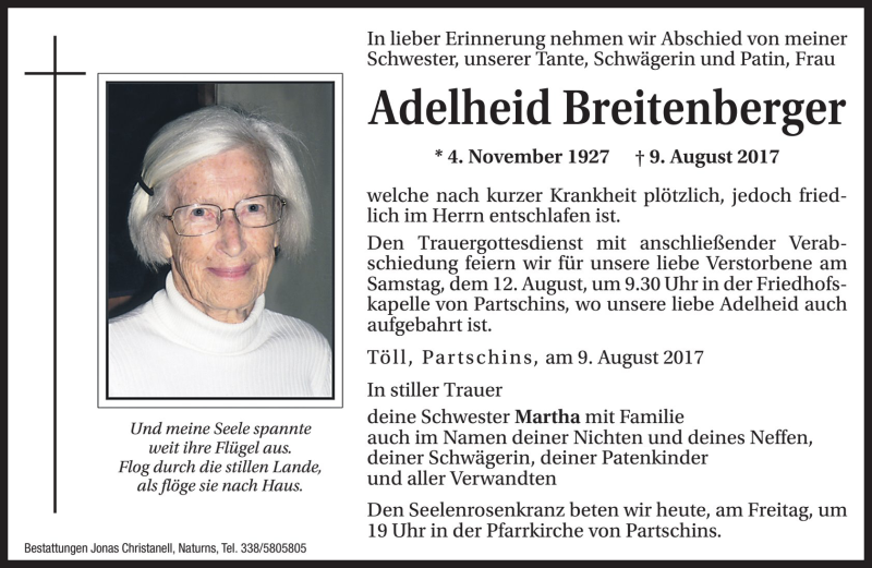  Traueranzeige für Adelheid Breitenberger vom 11.08.2017 aus Dolomiten
