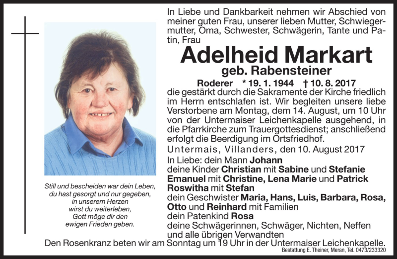  Traueranzeige für Adelheid Markart vom 12.08.2017 aus Dolomiten
