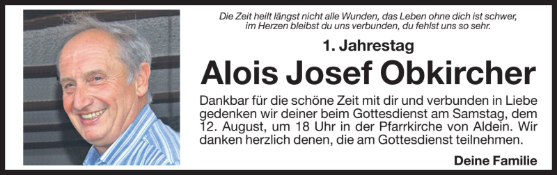  Traueranzeige für Alois Josef Obkircher vom 11.08.2017 aus Dolomiten