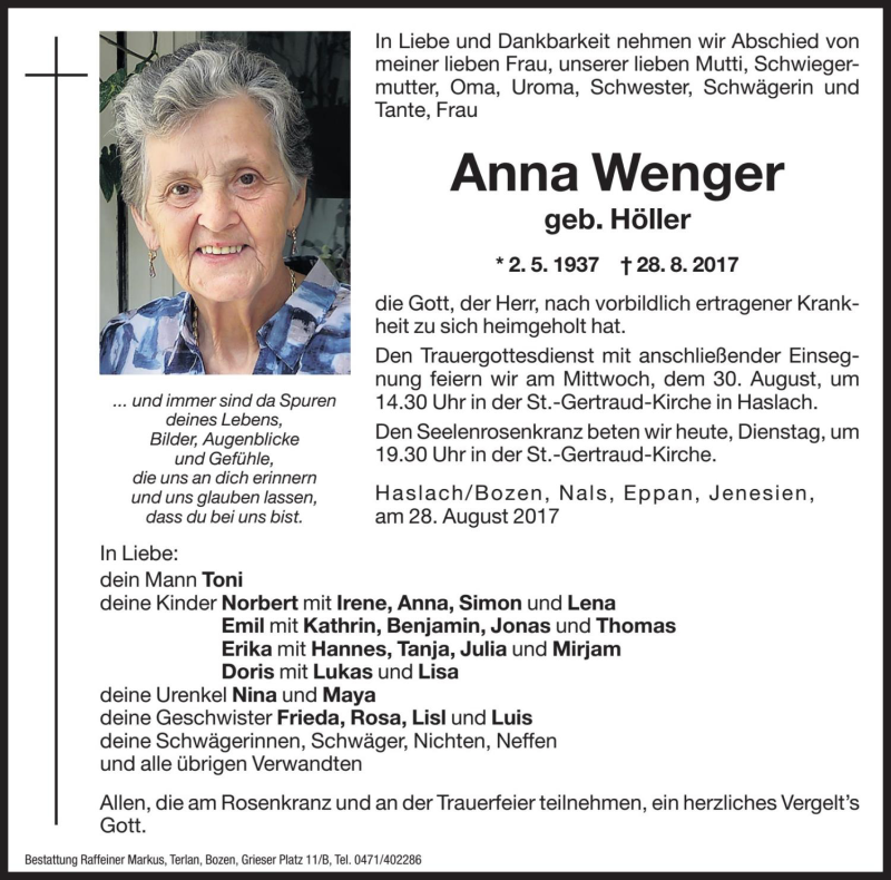  Traueranzeige für Anna Wenger vom 29.08.2017 aus Dolomiten