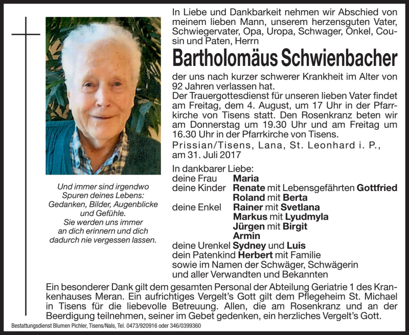  Traueranzeige für Bartholomäus Schwienbacher vom 02.08.2017 aus Dolomiten